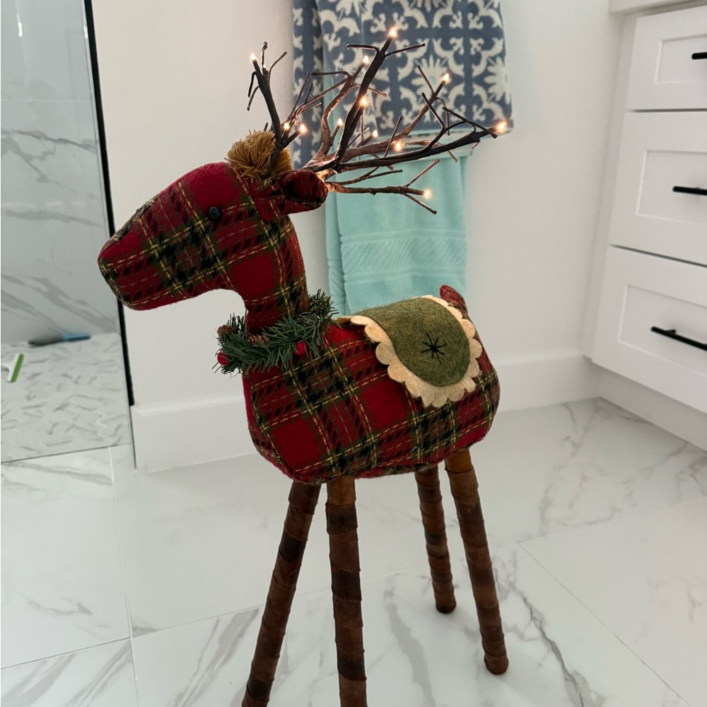 Plaid Holiday Reindeer with lit antlers. - Picture 2 of 5